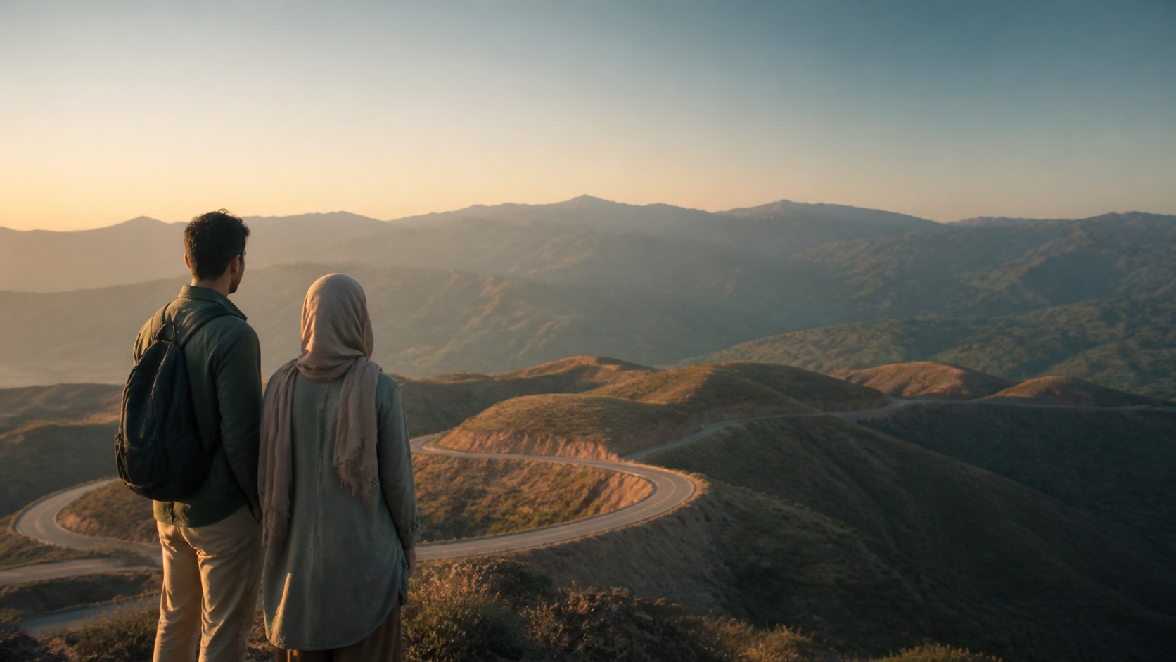 دو مسافر ایرانی در آغاز یک مسیر کوهستانی در نور طلوع